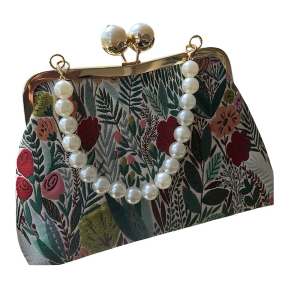Handbags - Floral Clutch with Decorative Pearl Strap and Metal Clasp NWOT